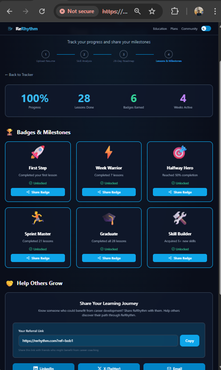 ReRhythm badges and progress page